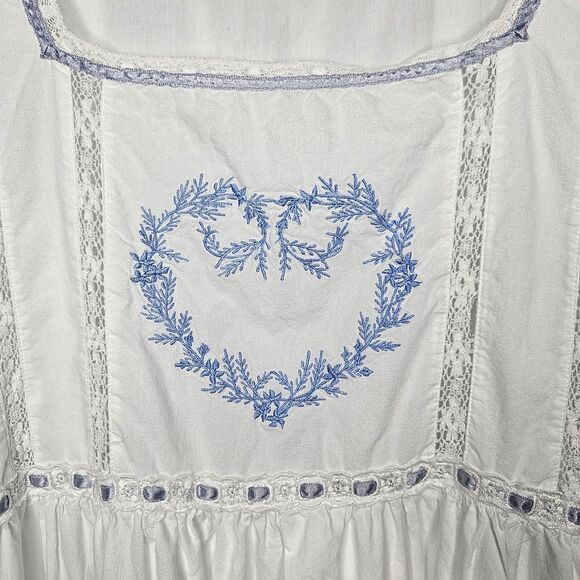 PAST TIMES Vtg Nightgown Dress O/S Empire Waist Embroidered Heart Puff Sleeves - Picture 3 of 9